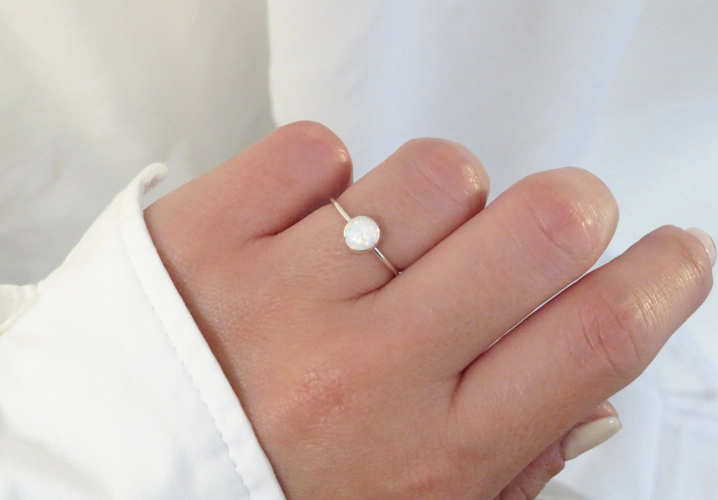 .925 Sterling Silver 6mm Round Fire White Opal Ring