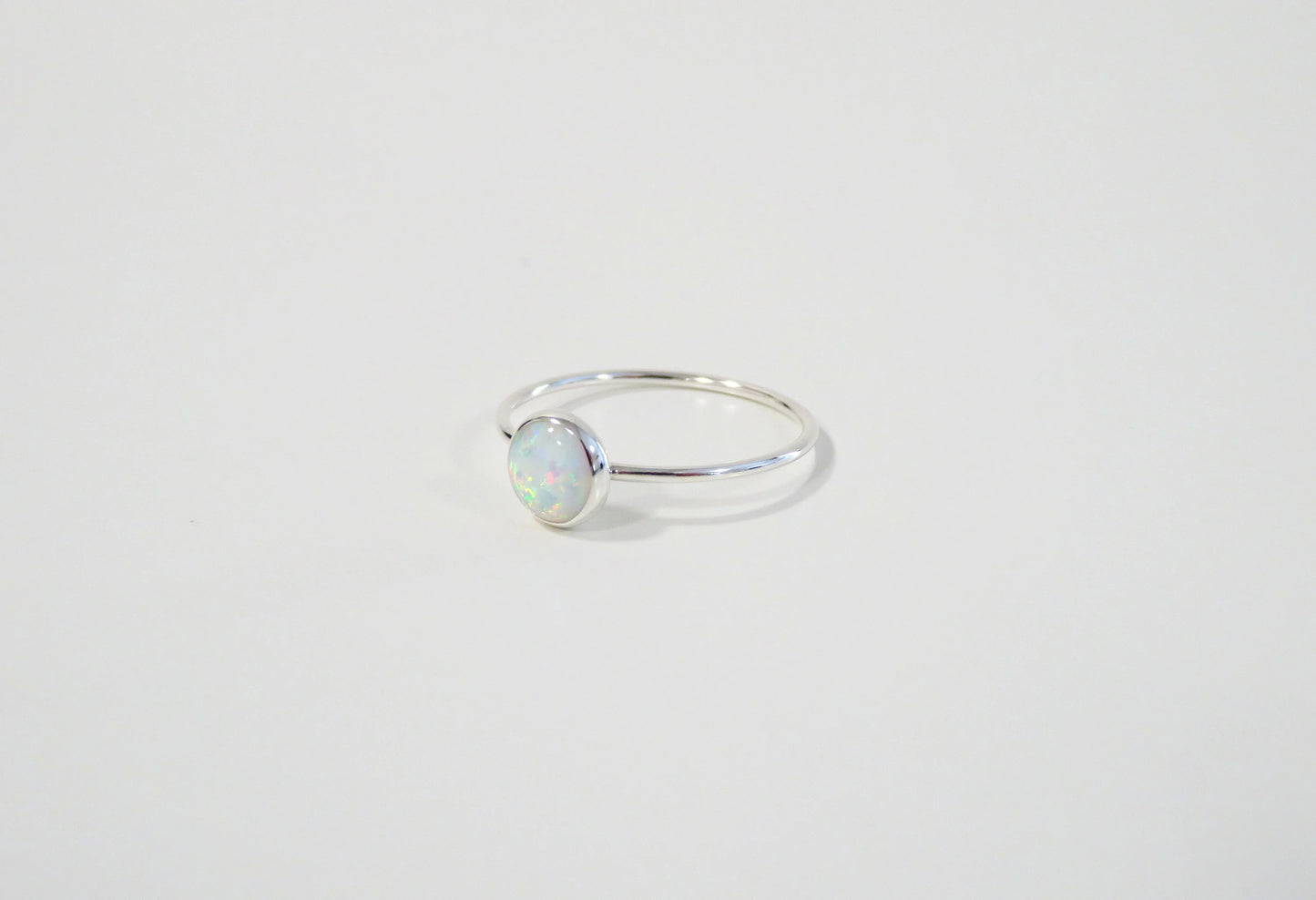 .925 Sterling Silver 6mm Round Fire White Opal Ring