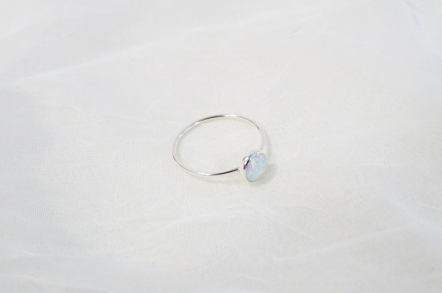 .925 Sterling Silver 6mm Round Fire White Opal Ring