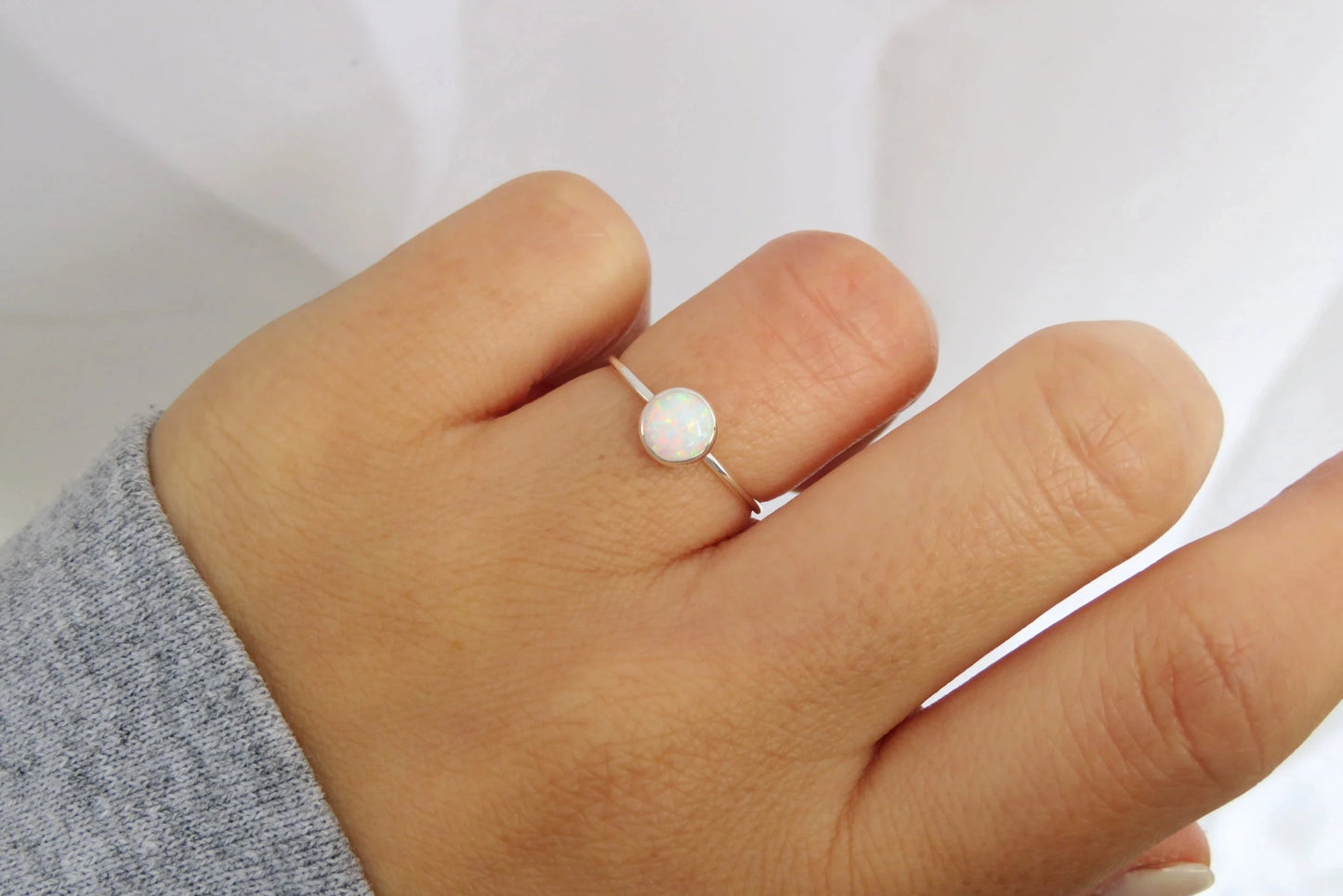 .925 Sterling Silver 6mm Round Fire White Opal Ring