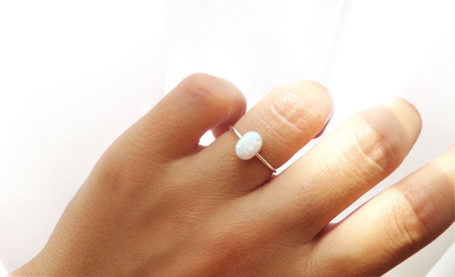 .925 Sterling Silver 6x8mm Oval Fire White Opal Ring