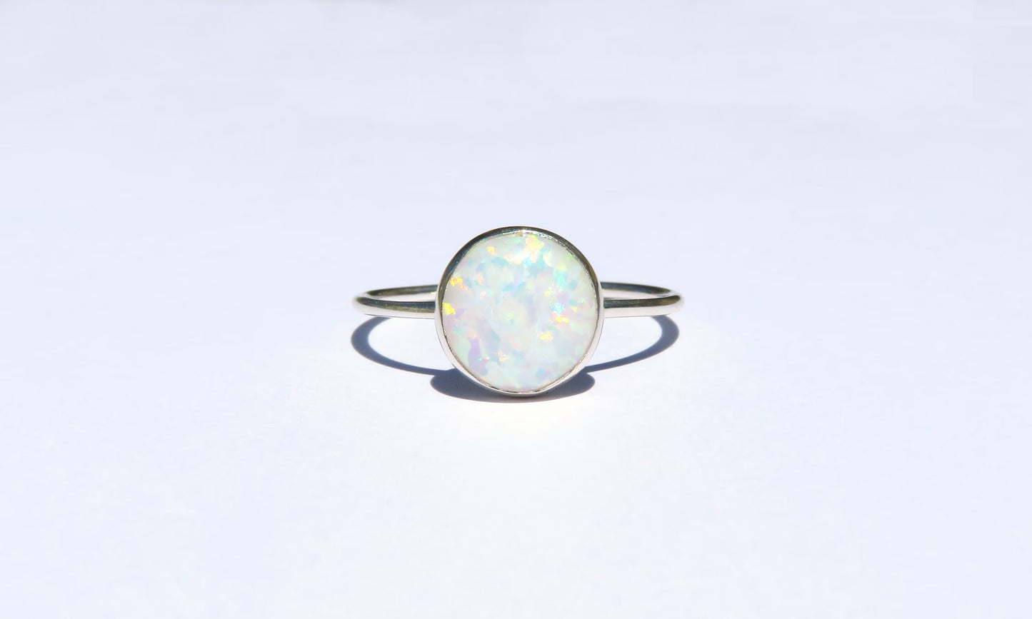 .925 Sterling Silver 8mm Round Fire White Opal Ring