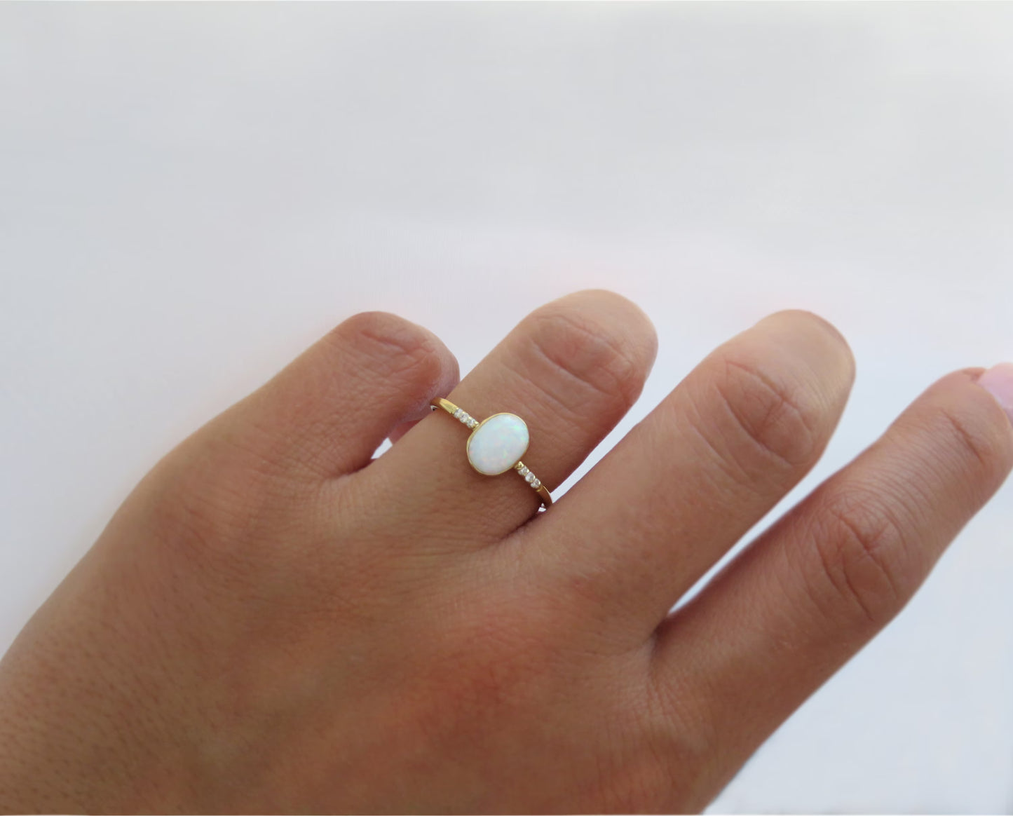 14k Yellow Gold 6x8mm White Fire Opal Ring with Diamond Accents