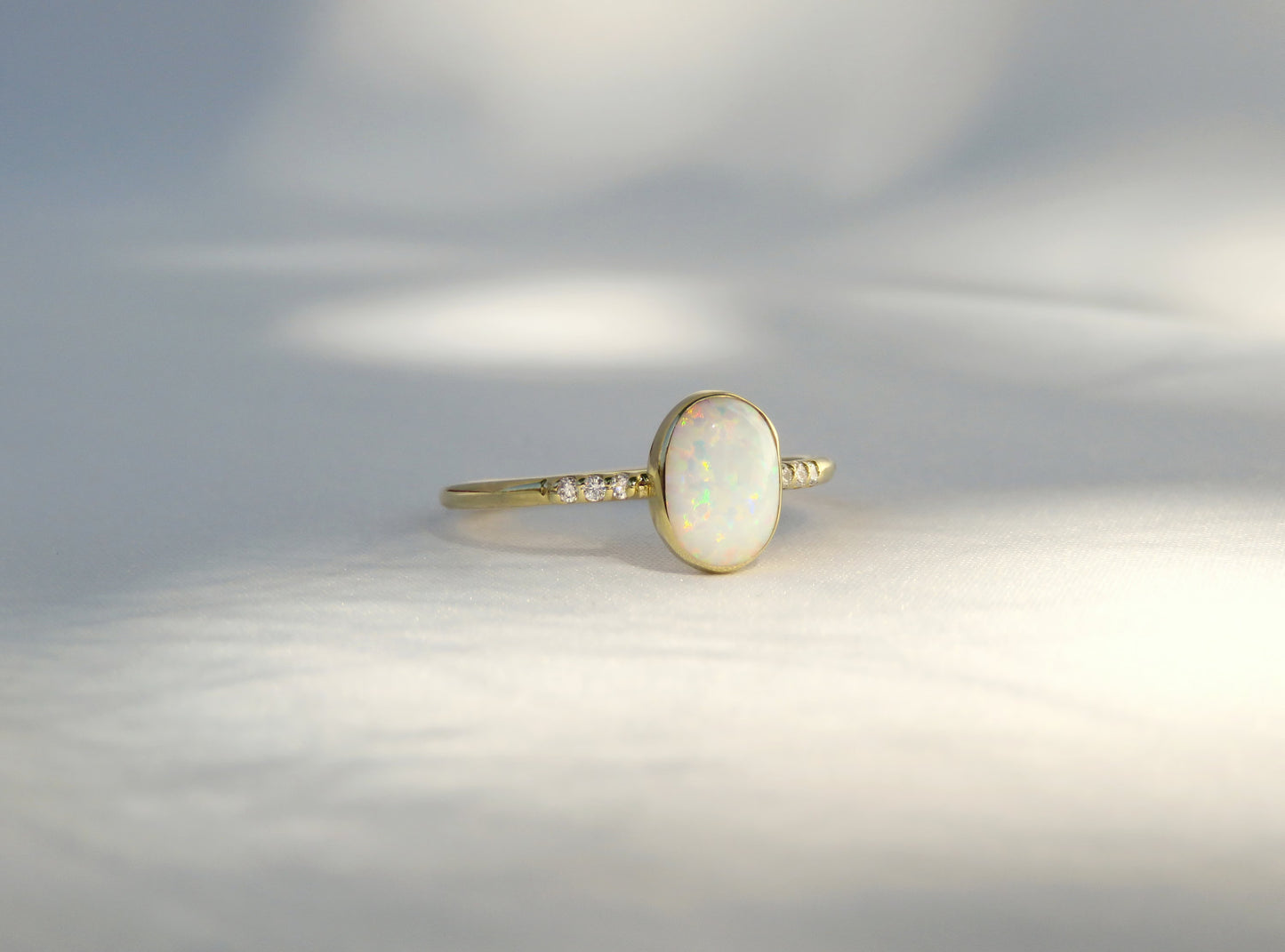 14k Yellow Gold 6x8mm White Fire Opal Ring with Diamond Accents