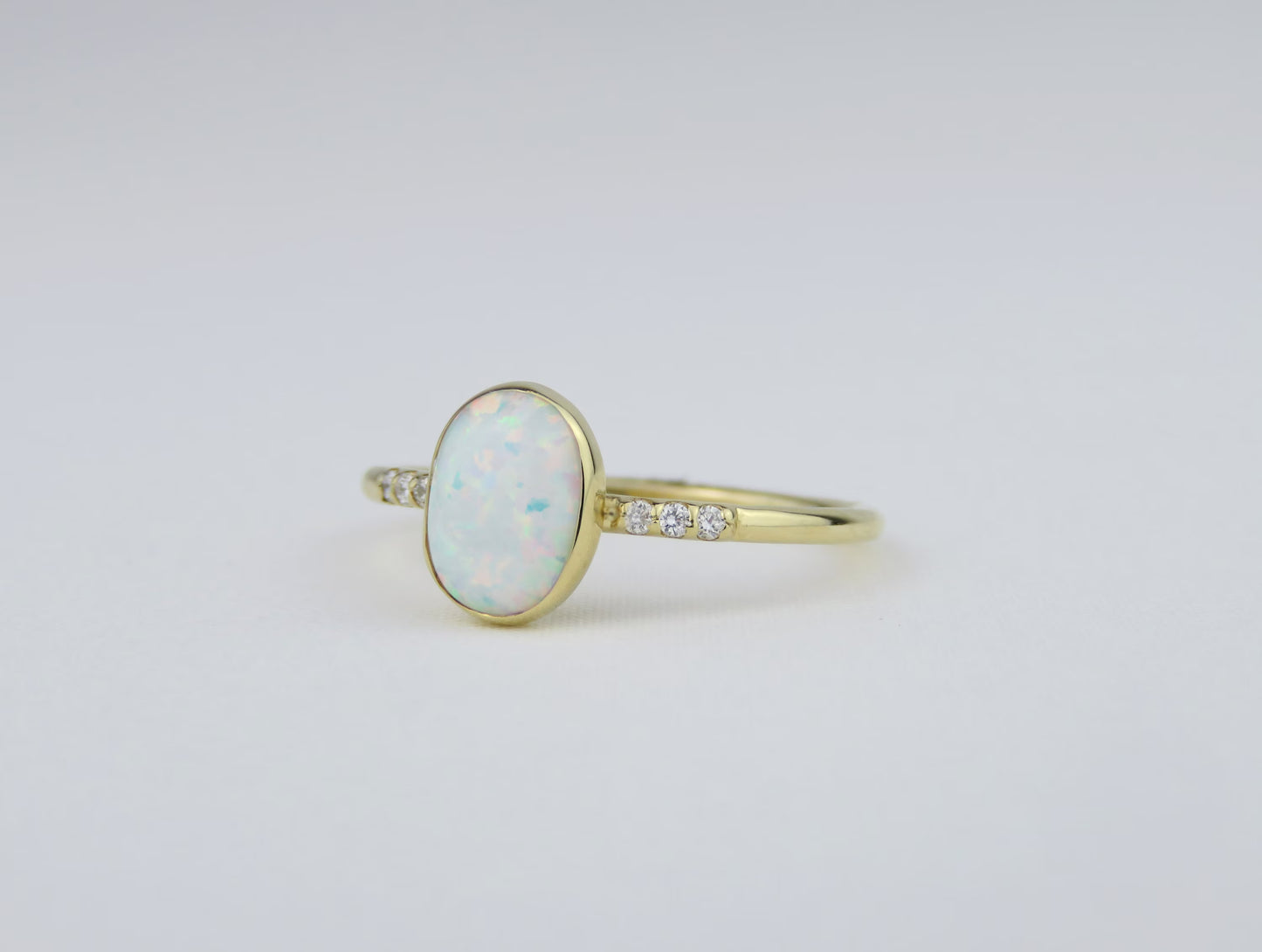 14k Yellow Gold 6x8mm White Fire Opal Ring with Diamond Accents