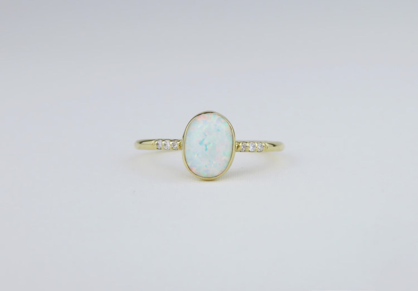 14k Yellow Gold 6x8mm White Fire Opal Ring with Diamond Accents