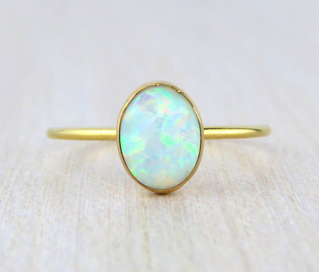14k Gold Filled 6x8mm Fire White Opal Ring