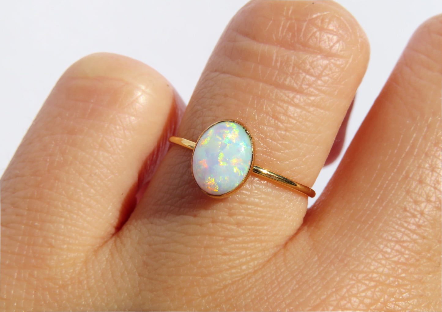 14k Gold Filled 6x8mm Fire White Opal Ring