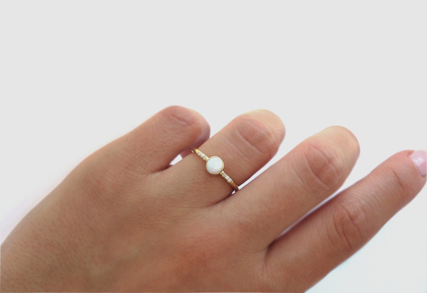14k Gold 5mm Round White Fire Opal Ring with Diamond Accents
