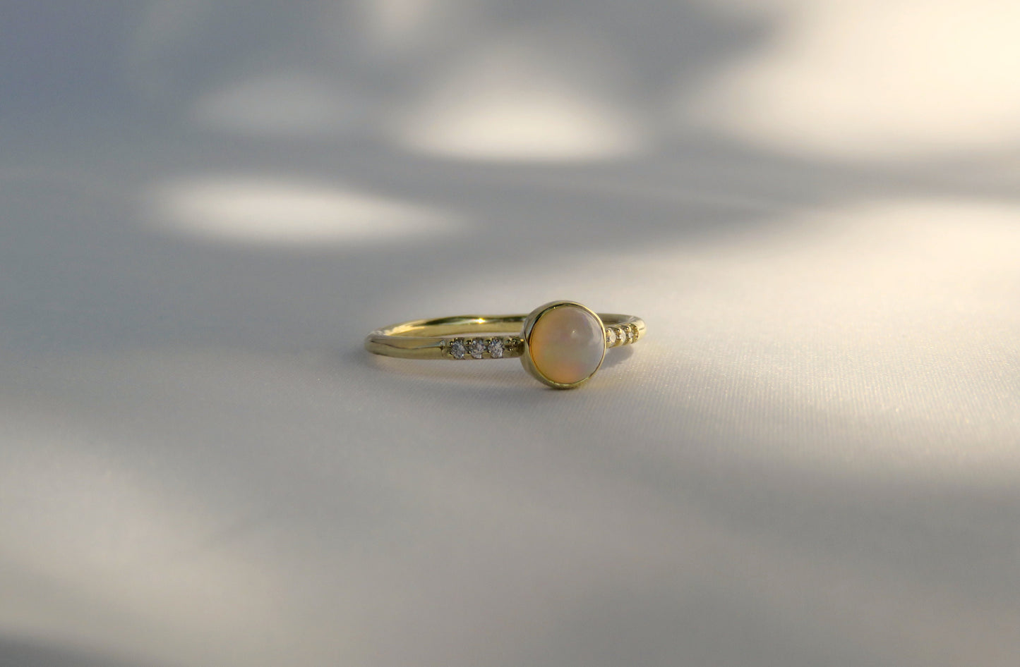 14k Gold 5mm Round Natural Opal Ring with Diamond Accents
