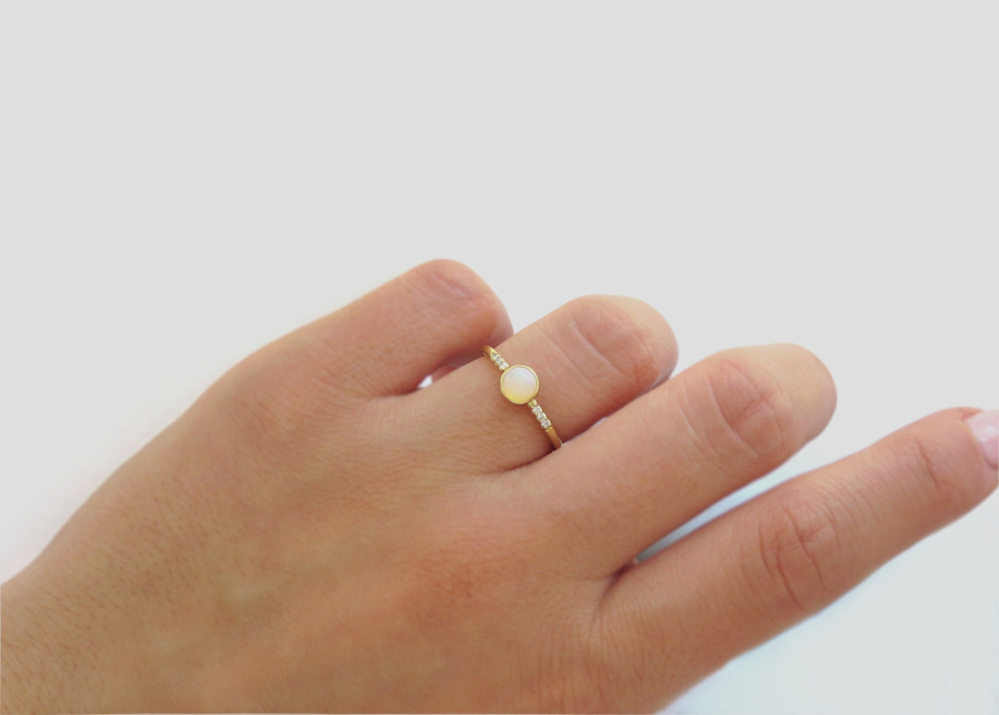 14k Gold 5mm Round Natural Opal Ring with Diamond Accents
