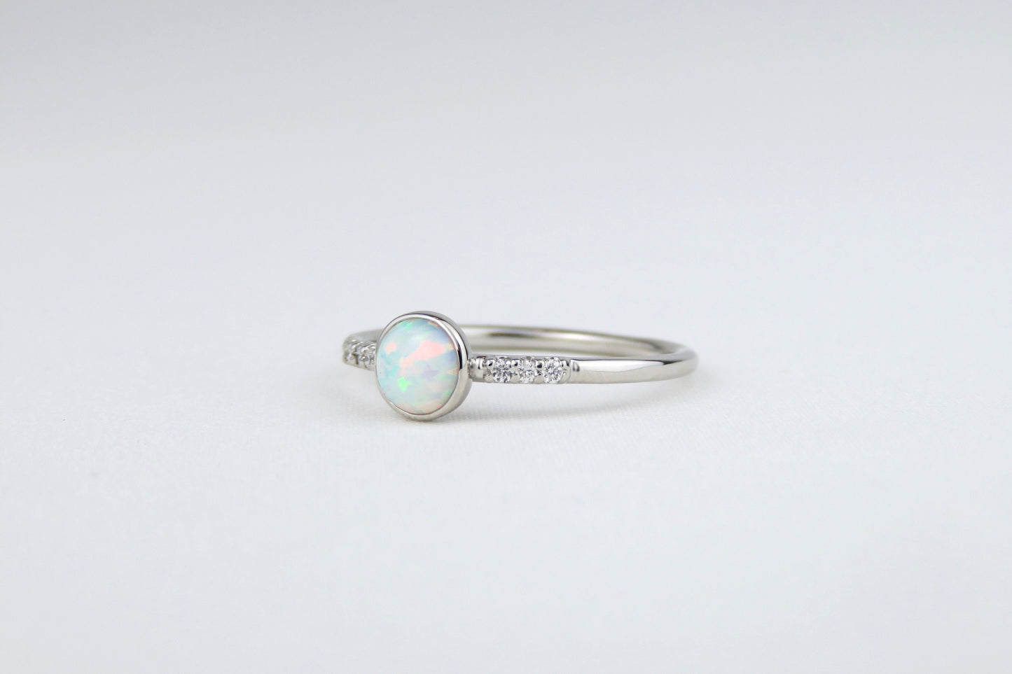 14k Gold 5mm Round White Fire Opal Ring with Diamond Accents