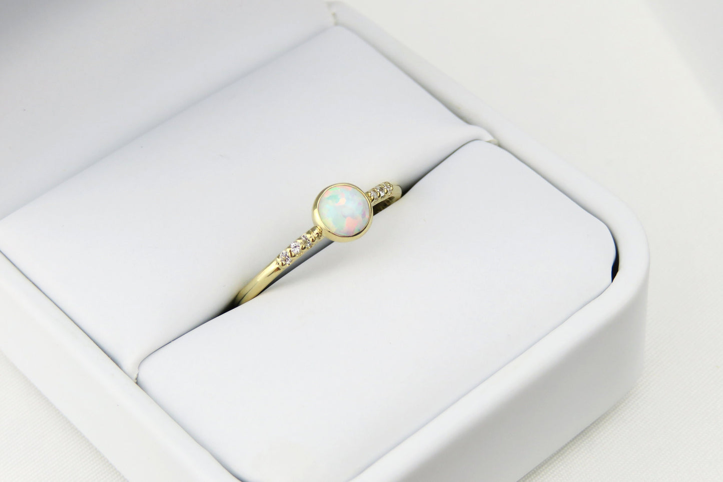 14k Gold 5mm Round White Fire Opal Ring with Diamond Accents