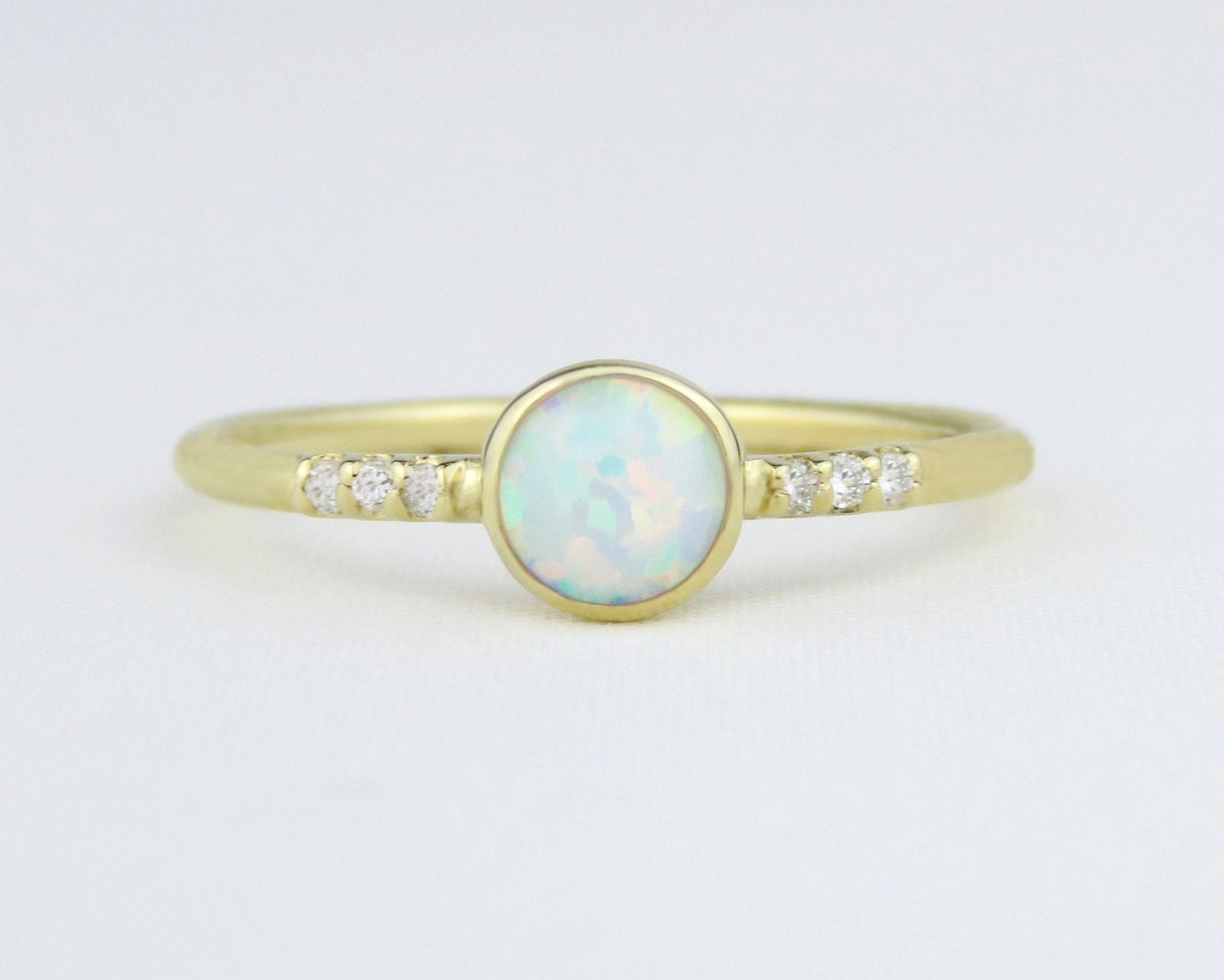 14k Gold 5mm Round White Fire Opal Ring with Diamond Accents