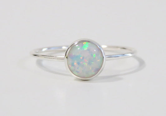 .925 Sterling Silver 6mm Round Fire White Opal Ring