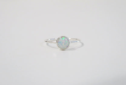 .925 Sterling Silver 6mm Round Fire White Opal Ring
