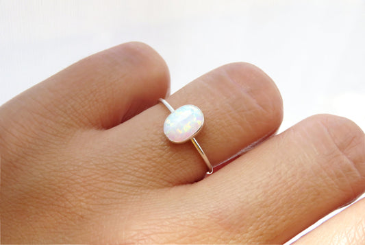 .925 Sterling Silver 6x8mm Oval Fire White Opal Ring