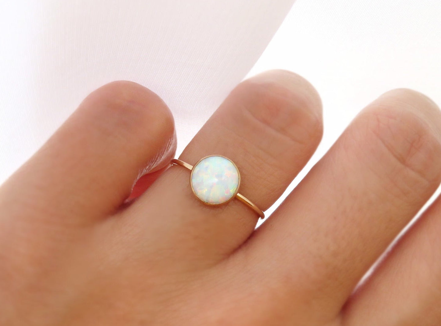 .925 Sterling Silver 8mm Round Fire White Opal Ring