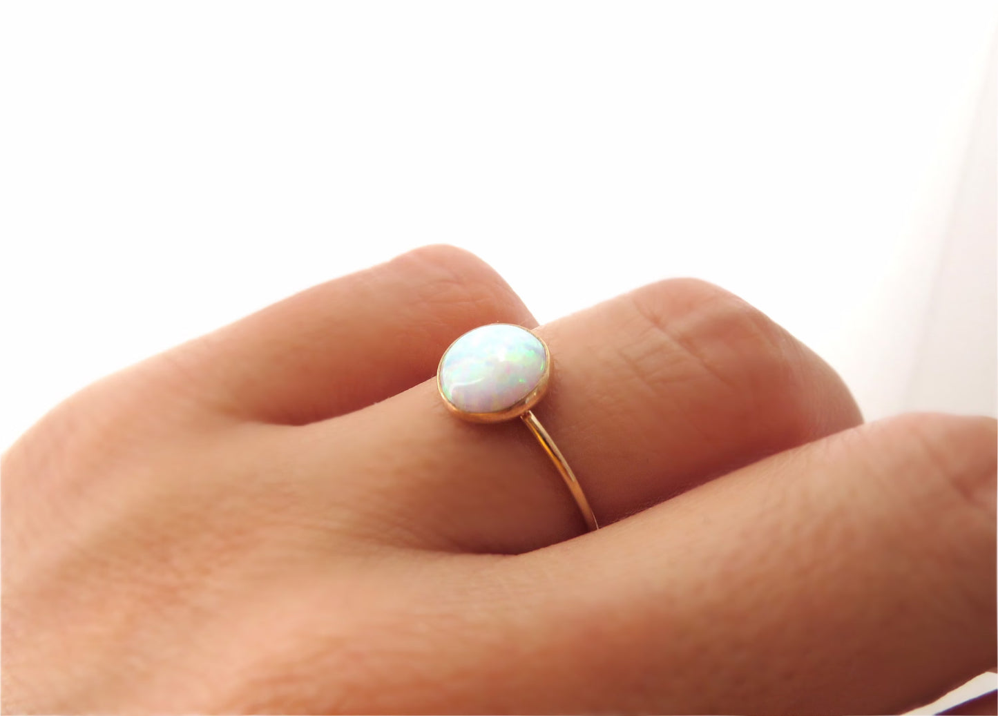 .925 Sterling Silver 8mm Round Fire White Opal Ring