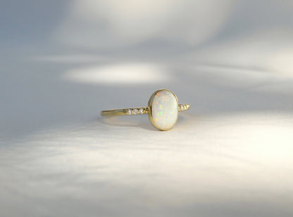 14k Yellow Gold 6x8mm White Fire Opal Ring with Diamond Accents