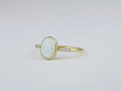 14k Yellow Gold 6x8mm White Fire Opal Ring with Diamond Accents