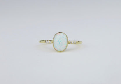 14k Yellow Gold 6x8mm White Fire Opal Ring with Diamond Accents
