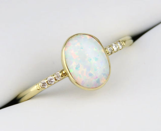 14k Yellow Gold 6x8mm White Fire Opal Ring with Diamond Accents
