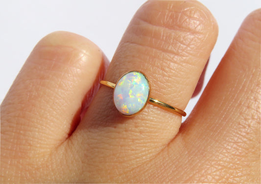 14k Gold Filled 6x8mm Fire White Opal Ring