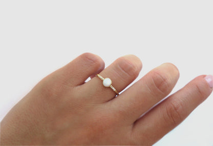 14k Gold 5mm Round White Fire Opal Ring with Diamond Accents