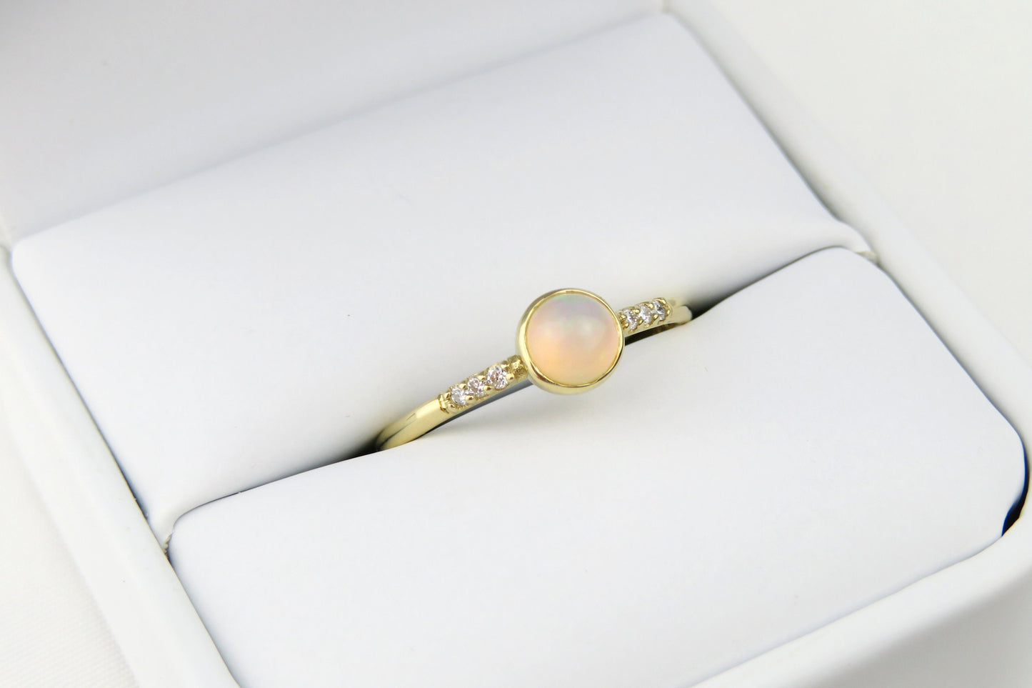 14k Gold 5mm Round Natural Opal Ring with Diamond Accents