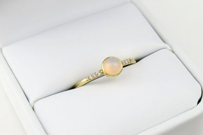 14k Gold 5mm Round Natural Opal Ring with Diamond Accents