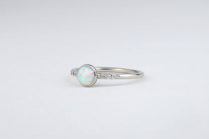 14k Gold 5mm Round White Fire Opal Ring with Diamond Accents