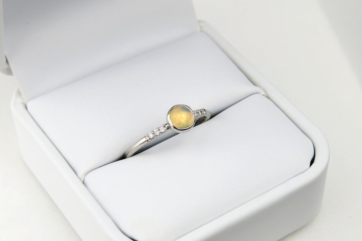 14k Gold 5mm Round Ethiopian Opal Ring with Diamond Accents