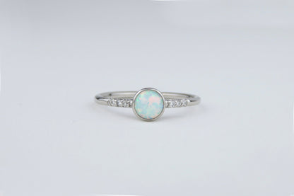 14k Gold 5mm Round White Fire Opal Ring with Diamond Accents