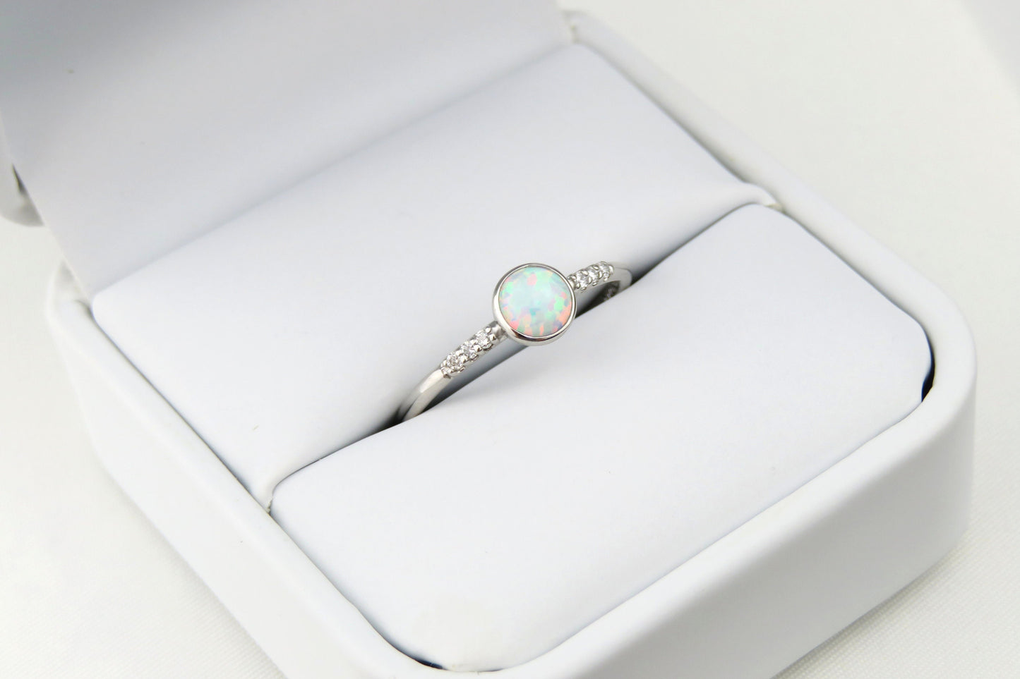 14k Gold 5mm Round White Fire Opal Ring with Diamond Accents