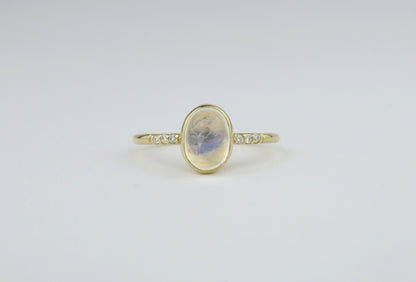 14k Gold 6x8mm Oval Rainbow Moonstone Ring with Diamond Accents