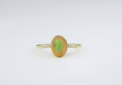 14k Gold 6x8mm Oval Natural Ethiopian Opal Ring with Diamond Accents