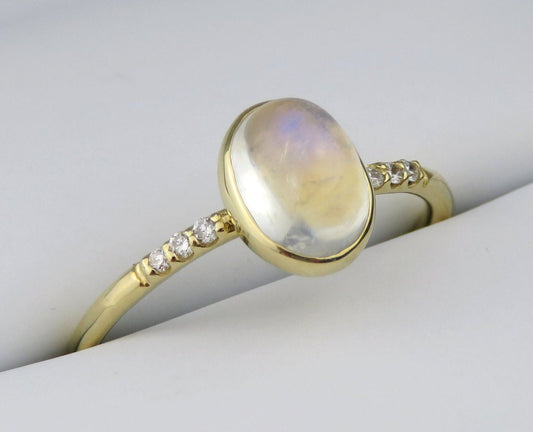 14k Gold 6x8mm Oval Rainbow Moonstone Ring with Diamond Accents