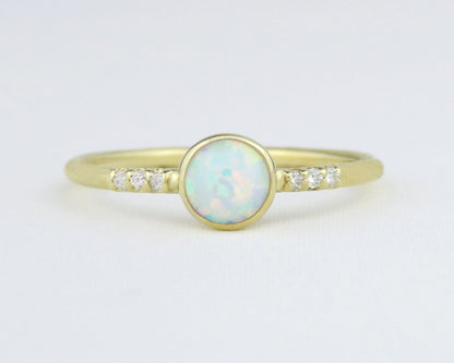 14k Gold 5mm Round White Fire Opal Ring with Diamond Accents