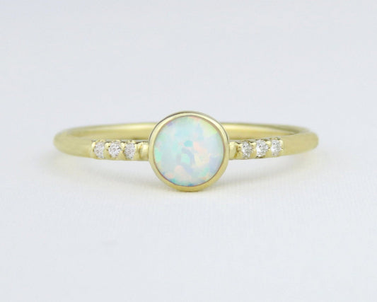 14k Gold 5mm Round White Fire Opal Ring with Diamond Accents