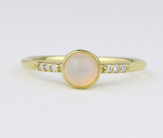14k Gold 5mm Round Natural Opal Ring with Diamond Accents