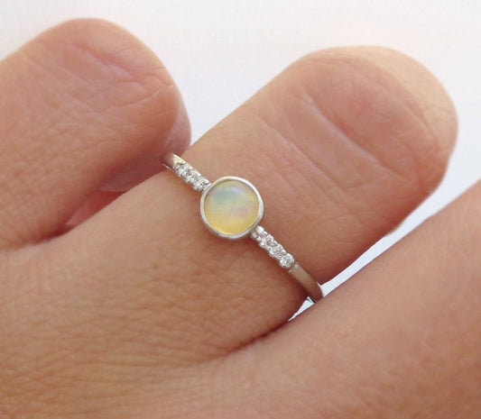 14k Gold 5mm Round Ethiopian Opal Ring with Diamond Accents