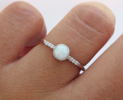 14k Gold 5mm Round White Fire Opal Ring with Diamond Accents