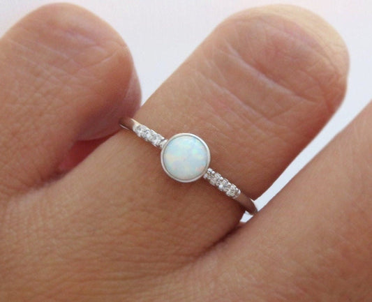 14k Gold 5mm Round White Fire Opal Ring with Diamond Accents