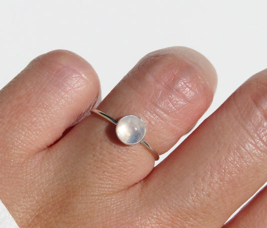 .925 Sterling Silver 6mm Round Rainbow Moonstone Ring