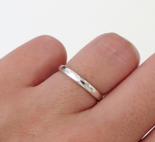 .925 Sterling Silver Half Round Hammered Silver Band
